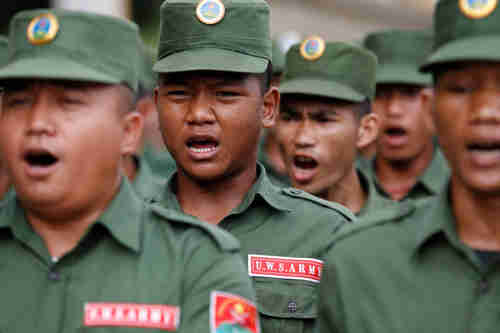 United Wa State Army (UWSA) rebel soldiers marching (Irrawaddy)