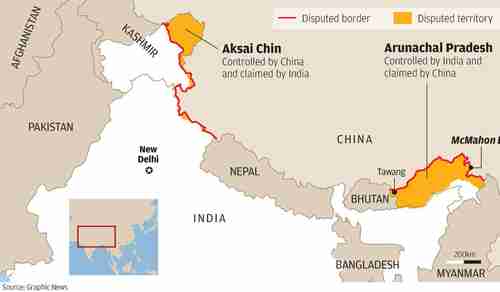 Map showing disputed border regions, Aksai Chin and Arunachal Pradesh, between India and China (South China Morning Post)