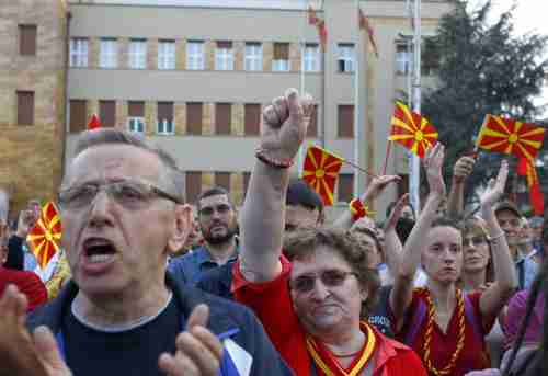 Protesters in front of parliament in Skopje, Macedonia, on Tuesday (Reuters)