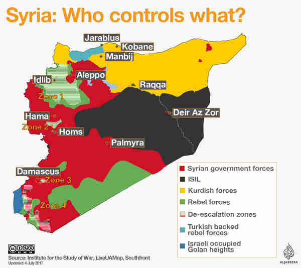 Map showing areas of control in Syria for government, ISIS, Kurds and rebels.  Afrin is north eastern Syria in the region shown in yellow in the top-left. (al-Jazeera)