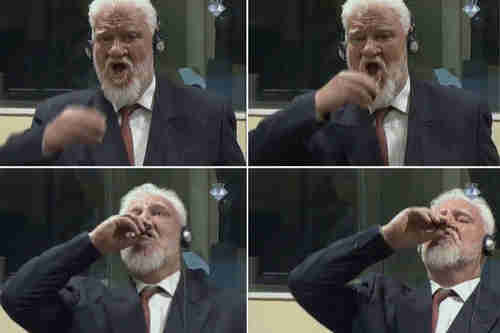 Slobodan Praljak, sentenced to 20 years in prison, drinks poison in a court hearing broadcast live around the world, and dies a few hours later (Getty)