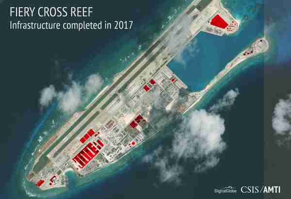China's continuing military buildup on Fiery Cross island.  This year alone, there was construction on buildings covering 27 acres, or about 110,000 square meters (AMTI/CSIS)