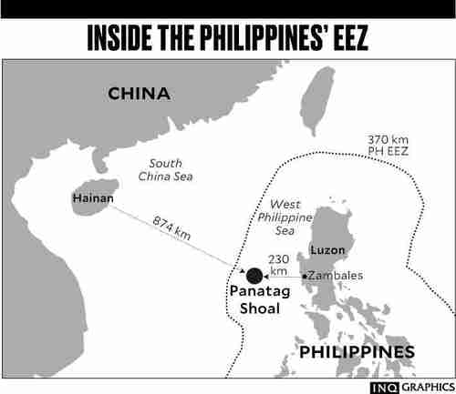 Map showing that the Scarborough (Panatag) Shoal is far from China, but within the Philippines EEZ (Inquirer)