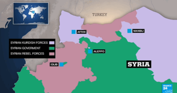 Map of Syria regions controlled by government, Kurds and rebels (France 24)