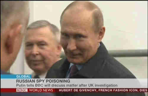 Vladimir Putin smirks when a BBC reporter asks him whether Russia poisoned Sergei Skripal