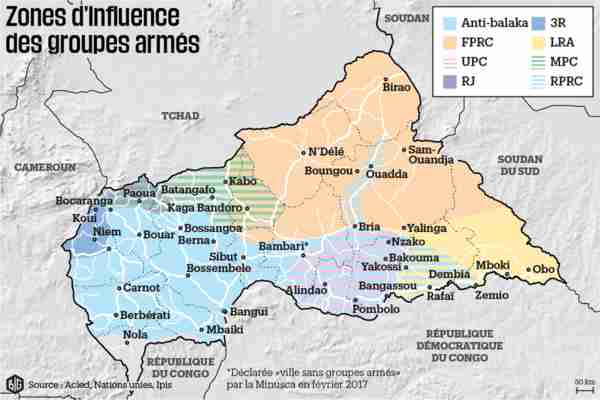 Map of Central African Republic, showing zones of influence of armed groups (Conflict Intelligence Team)
