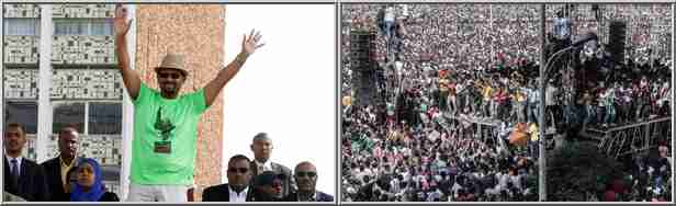 Abiy Ahmediat (L) was just finishing speaking to a massive audience (R) when the grenade explosion occurred (Guardian)