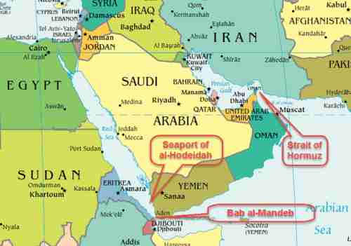 Map of Mideast, highlighting Yemen's Hodeidah seaport, and shipping choke points Strait of Hormuz and Bab el-Mandeb Strait