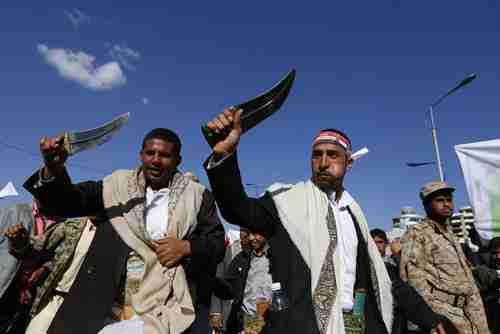 Houthis perform a demonstration using traditional daggers in Sanaa, Yemen, in 2015 (European Pressphoto Agency)