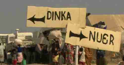 Signs separating the Nuer and Dinka tribes in a UN refugee camp in South Sudan (Nyamilepedia)