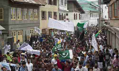 Street protests in Srinigar, the capital city of the Indian-government portion of Kashmir, after Friday prayers (AP)