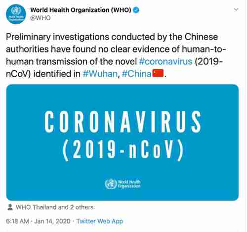 WHO's January 14 tweet stating that there was no evidence of human-to-human transmission and community spread.  The Chinese had already known for six weeks that there was human-to-human transmission and community spread.  This tweet was a global disaster, because it lulled many countries into complacency.