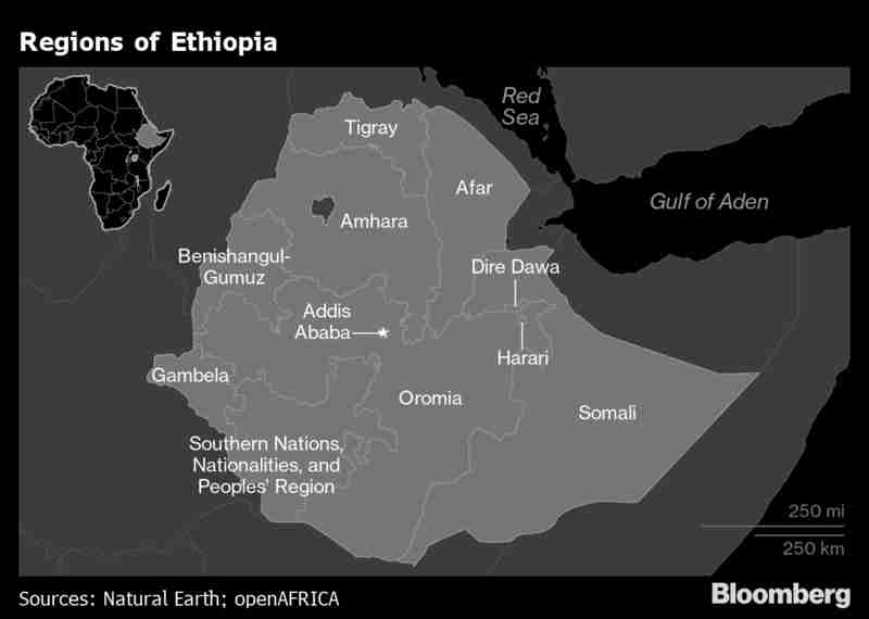 Map of Ethiopia showing internal Regions (Bloomberg)
