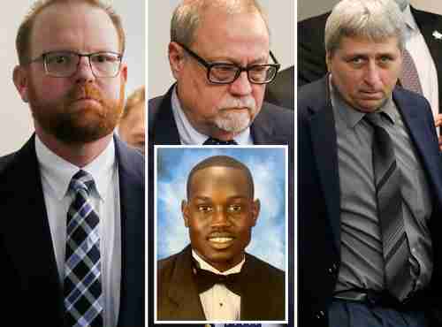 Black murder victim Ahmaud Arberry and three convicted white murderers (Getty, toofab.com)