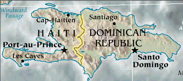 French-oriented Haiti occupies about 1/3 of 	the island of Hispaniola,    not far from Florida, and the 	Spanish-oriented Dominican Republic occupies 2/3.