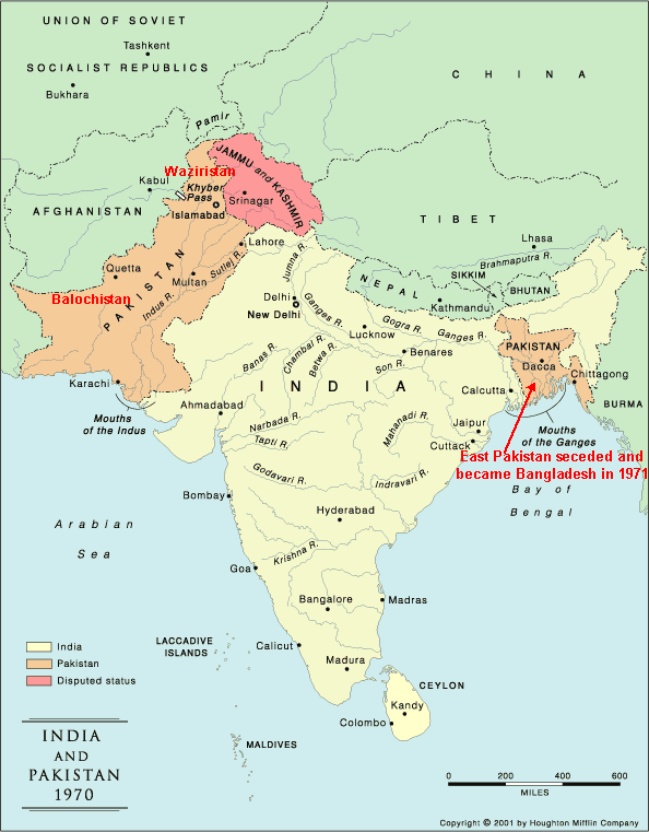 Indian subcontinent, 1970, highlighting provinces of Waziristan and Balochistan.  East Bengal province, also known as East Pakistan, seceded and became Bangladesh in 1971. <font face=Arial size=-2>(Source: Stearns, Encyclopedia of World History)</font>