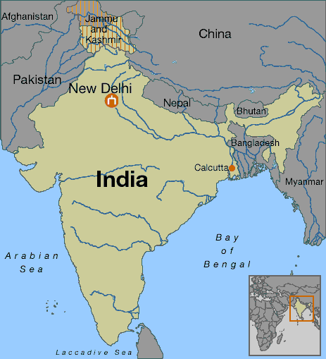 India and surrounding countries, including Pakistan and Bangladesh <font size=-2>(Source: CNN)</font>