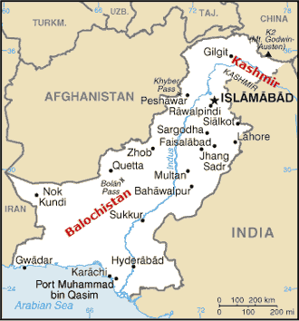 Map of Pakistan, highlighting Kashmir and Balochistan