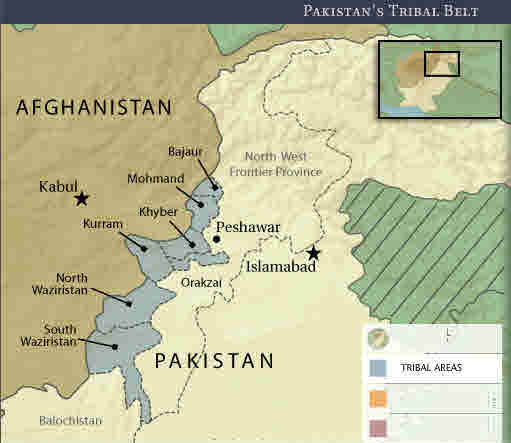 Pakistan's  Federally Administered Tribal Areas (FATA) form a safe haven for Taliban and al-Qaeda terrorists. <font face=Arial size=-2>(Source: cfr.org)</font>