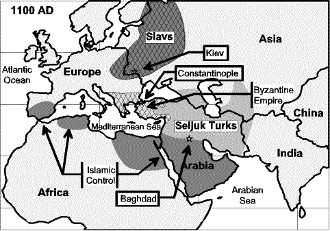 Arrival of Seljuk Turks in 1100 AD: dark area was controlled by Muslim Arabs; medium dark area was controlled by Seljuk Turks; light crossed area were the remaining pieces of the (Orthodox Christian) Byzantine Empire, centered around Constantinople; dark crossed area was Slavic area, converting to Orthodox Christianity.