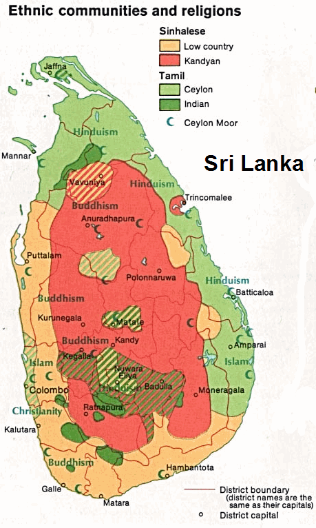 Ethnic map of Sri Lanka, around 1975.