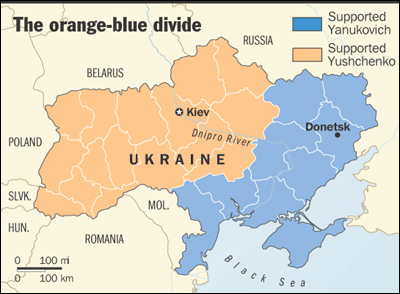 East/West Ukraine split in Presidential vote. <font size=-2>(Source: AFP)</font>