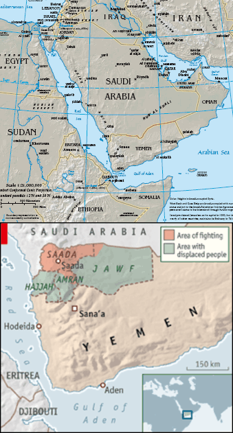 Yemen.  Fighting is increasing in the northern Saada province, and displaced refugees are nearing the nation's capital, Sana'a. <font size=-2>(Source: CIA Fact Book / Economist)</font>