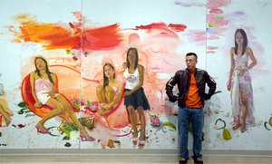 Chinese artist Liu Xiaodong standing in front of painting <i>Hot Bed</i>. The painting sold for $2.5 million. <font size=-2>(Source: theaustralian.news.com.au)</font>