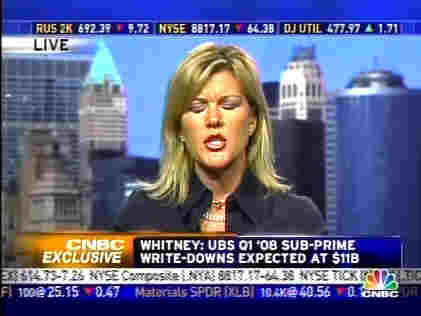 Meredith Whitney often closes her eyes when she talks, as if she doesn't want to see other people's reactions to the bad news <font face=Arial size=-2>(Source: CNBC)</font>
