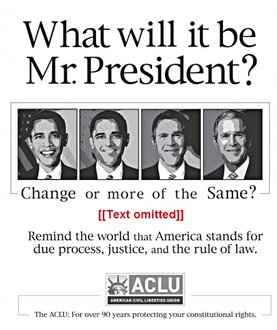 ACLU ad showing Barack Obama morphing into George Bush