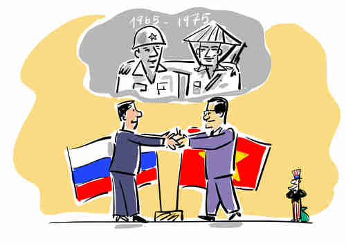 Russian media cartoon depicting friendly Russia-Vietnam relations during 1965-75, when Vietnam beat the US in the Vietnam war (RBTH)