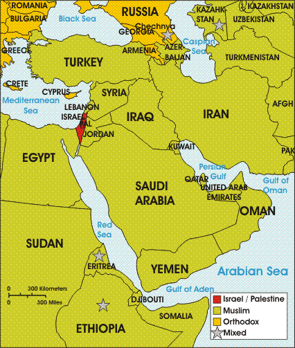 Mideast, showing Israel/Palestine, Muslim countries, and Orthodox Christian countries