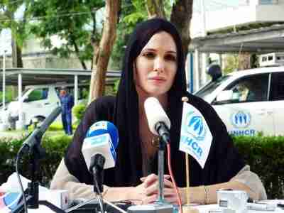 Angelina Jolie at a press conference in Islamabad