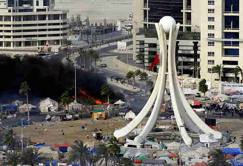 Pearl Square in Manama, Bahrain, after March 15 2011 protests. The beautiful Pearl monument was torn down by the regime on March 18, because it was thought to be encouraging protests.