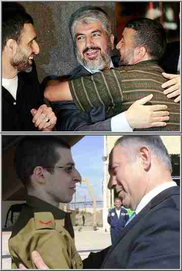 Top: Hamas Politburo Chief Khaled Mashaal embraces Palestinian inmates in Cairo (AP).  Bottom: Israel's Prime Minister Benjamin Netanyahu (R) greets Israeli soldier Gilad Shalit (Reuters)