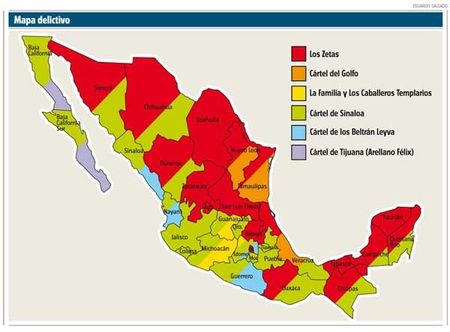The drug cartels have carved up their pieces of Mexico as illustrated in this map. Los Zetas' territory is the red colored areas on the map. (Justice in Mexico Center)