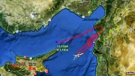 Syrian TV depiction of warplane's meandering path between Cyprus and Syria (SANA/BBC)