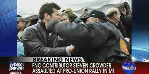 Steven Crowder (L) slugged in the face by union supporter on Tuesday (Fox News)