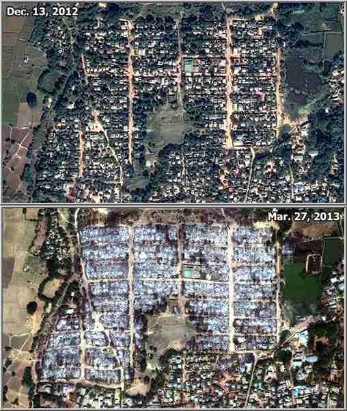 Before and after satellite pictures, Meiktila, Burma (Human Rights Watch)