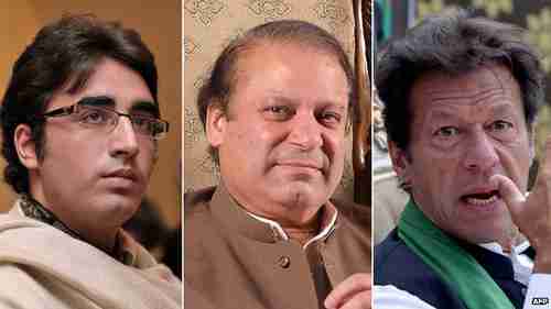Pakistan presidential candidates (L-R) Bilawal Bhutto Zardari, Nawaz Sharif and Imran Khan (BBC)