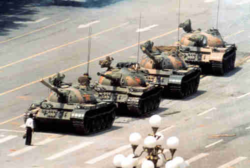 Iconic photo of 'tank man' - student blocking row of tanks in Tiananmen Square in June, 1989
