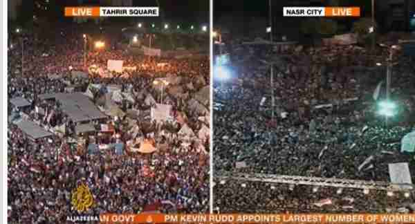 Opposing protests: Morsi opponents in Cairo's Tahrir Square, and supporters in Cairo's Nasr City (Al-Jazeera)