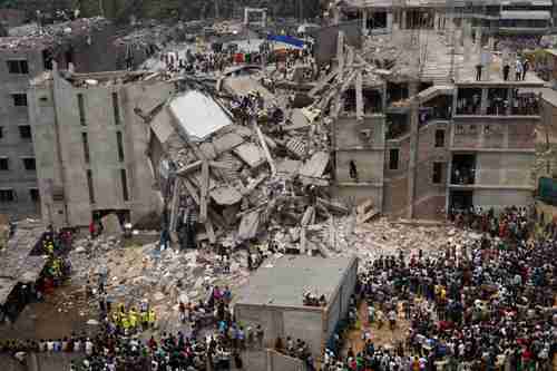 The collapse of this factory building in Dhaka, Bangladesh, on April 24, containing 3,120 workers, of whom 315 were killed and over 1500 injured, is a good symbol of the catastrophic collapse of certain economic policies