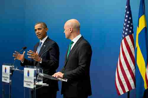 Obama with Sweden's Prime Minister Fredrik Reinfeldt in Stockholm on Wednesday