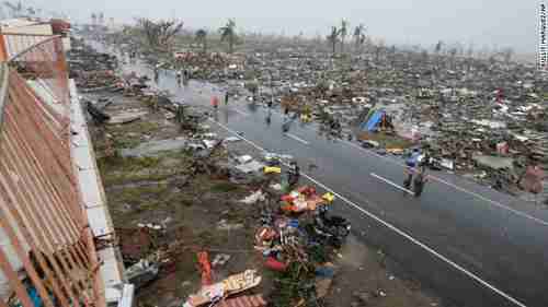 The city of Tacloban in the Philippines, with a population of over 220,000, almost totally destroyed by Typhoon Haiyan
