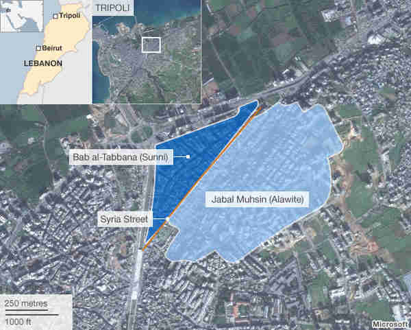 Map of Tripoli, Lebanon, showing the two districts (Shia/Alawite versus Sunni), separated by Syria Street, that have been fighting (BBC)