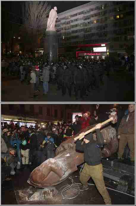Top: Dec 1 picture of police guarding Lenin statue; bottom, Dec 8 picture of statue's destruction (AP)