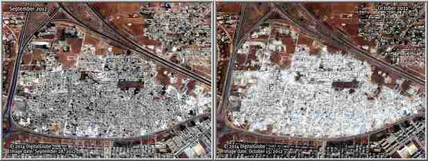 Before (left) and after pictures show that the al-Assad regime destroyed entire civilian neighborhoods, killing many women and children in just a few days (CNN/HRW)