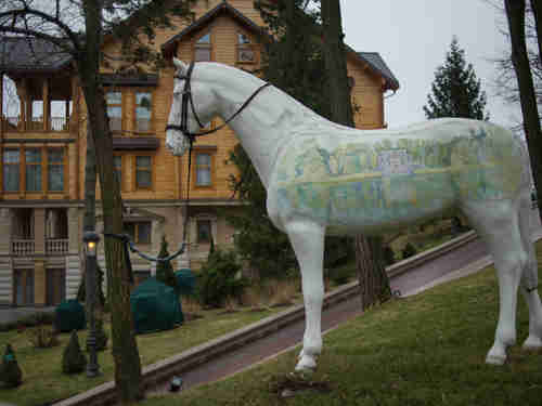 An ornamental horse stands outside Yanukovych's residence in his secret Kiev compound
