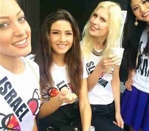 From left to right: Miss Israel, Miss Lebanon, Miss Slovakia, and Miss Japan